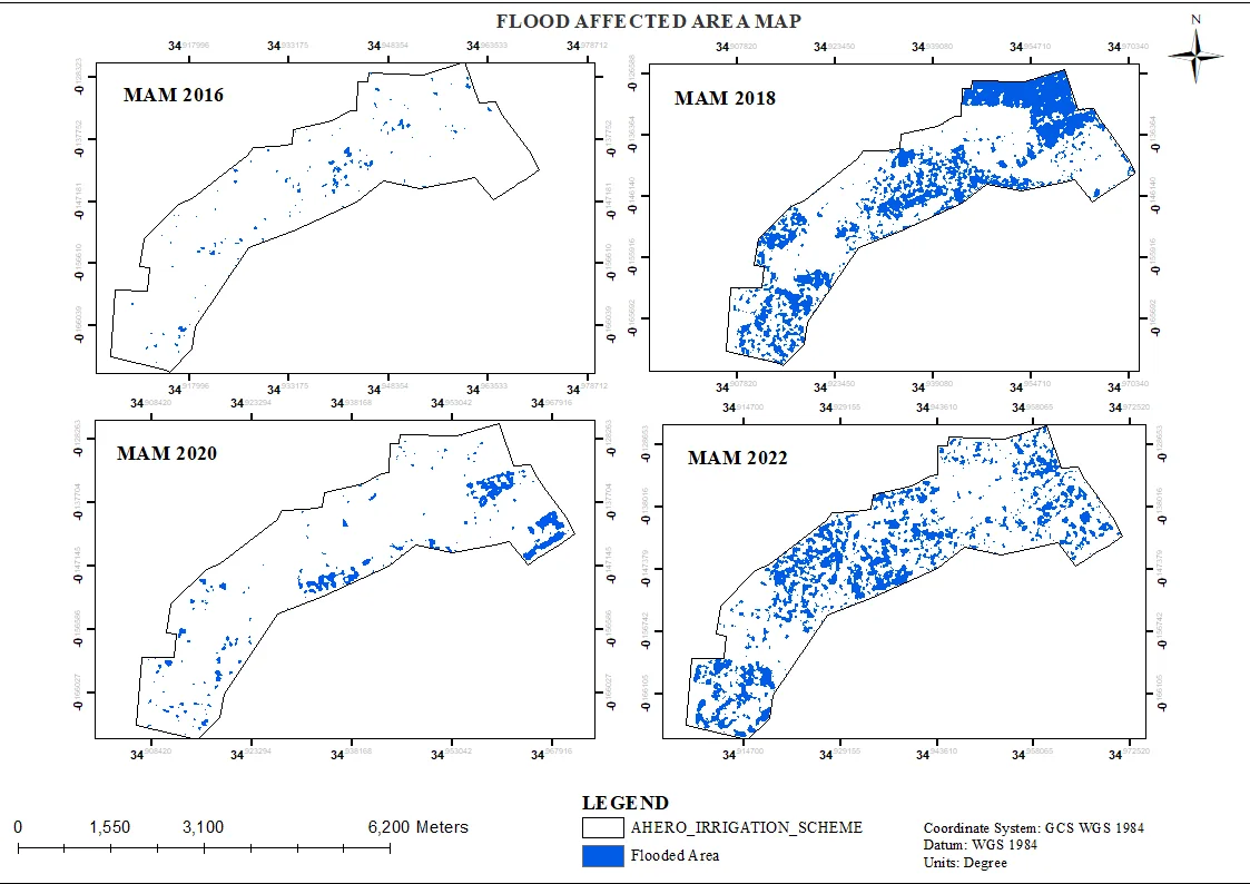 Four-panel map of flood-affected areas in the Ahero irrigation scheme for 2016, 2018, 2020 and 2022