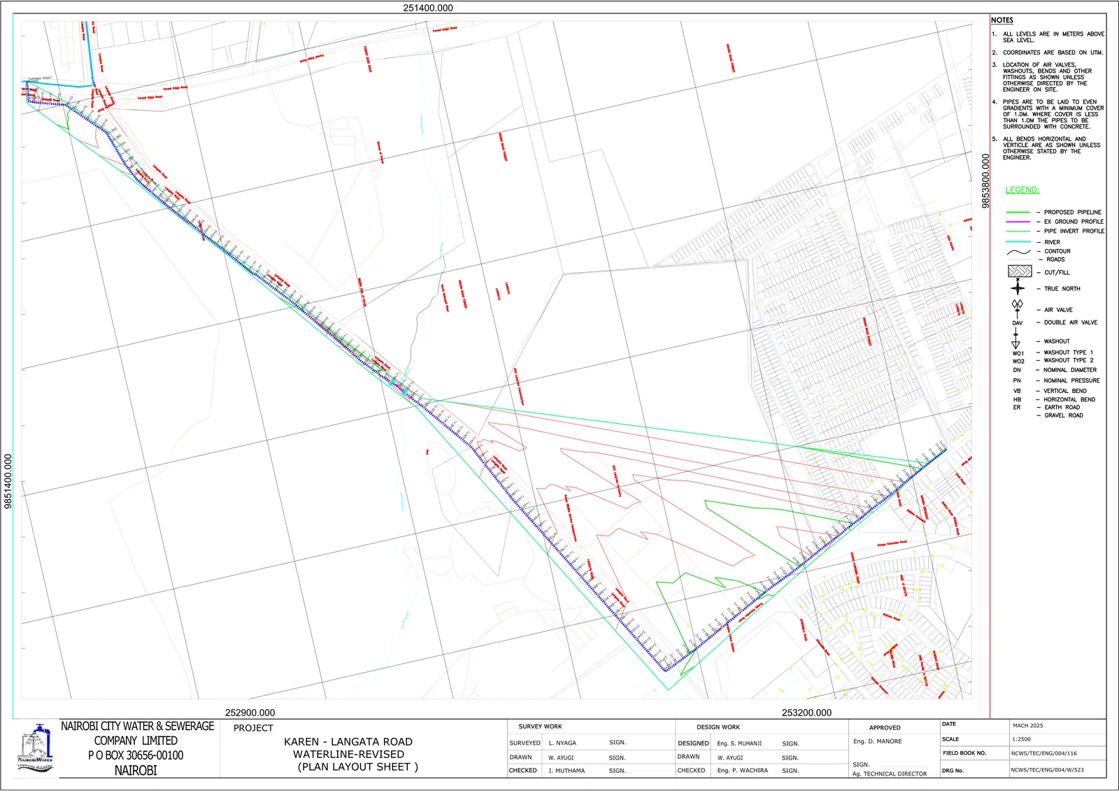 Plan layout sheet of the Karen–Langata road waterline extension at 1:2500
