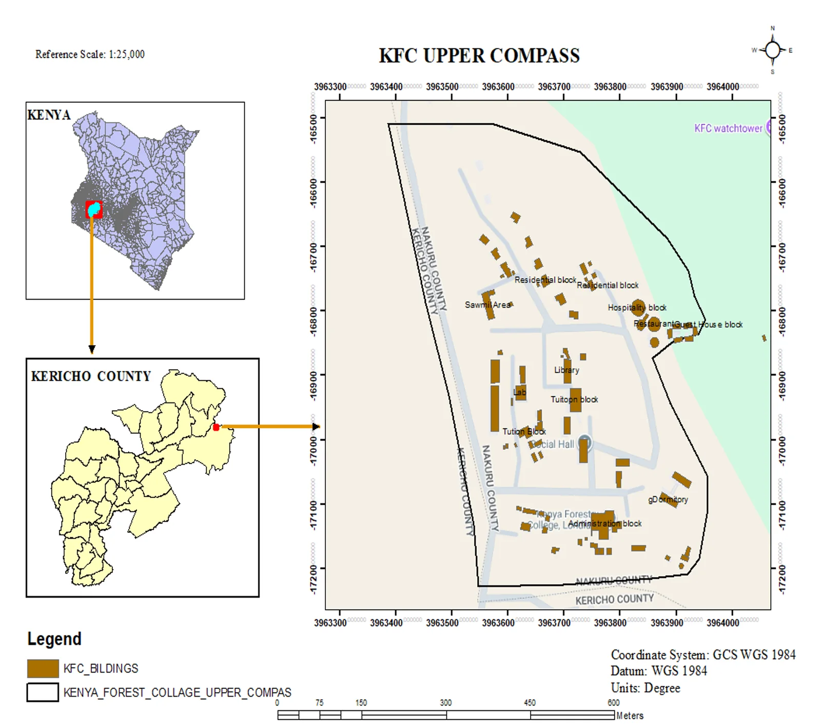 KFC Upper Compass facility map showing campus buildings, roads and a locator inset